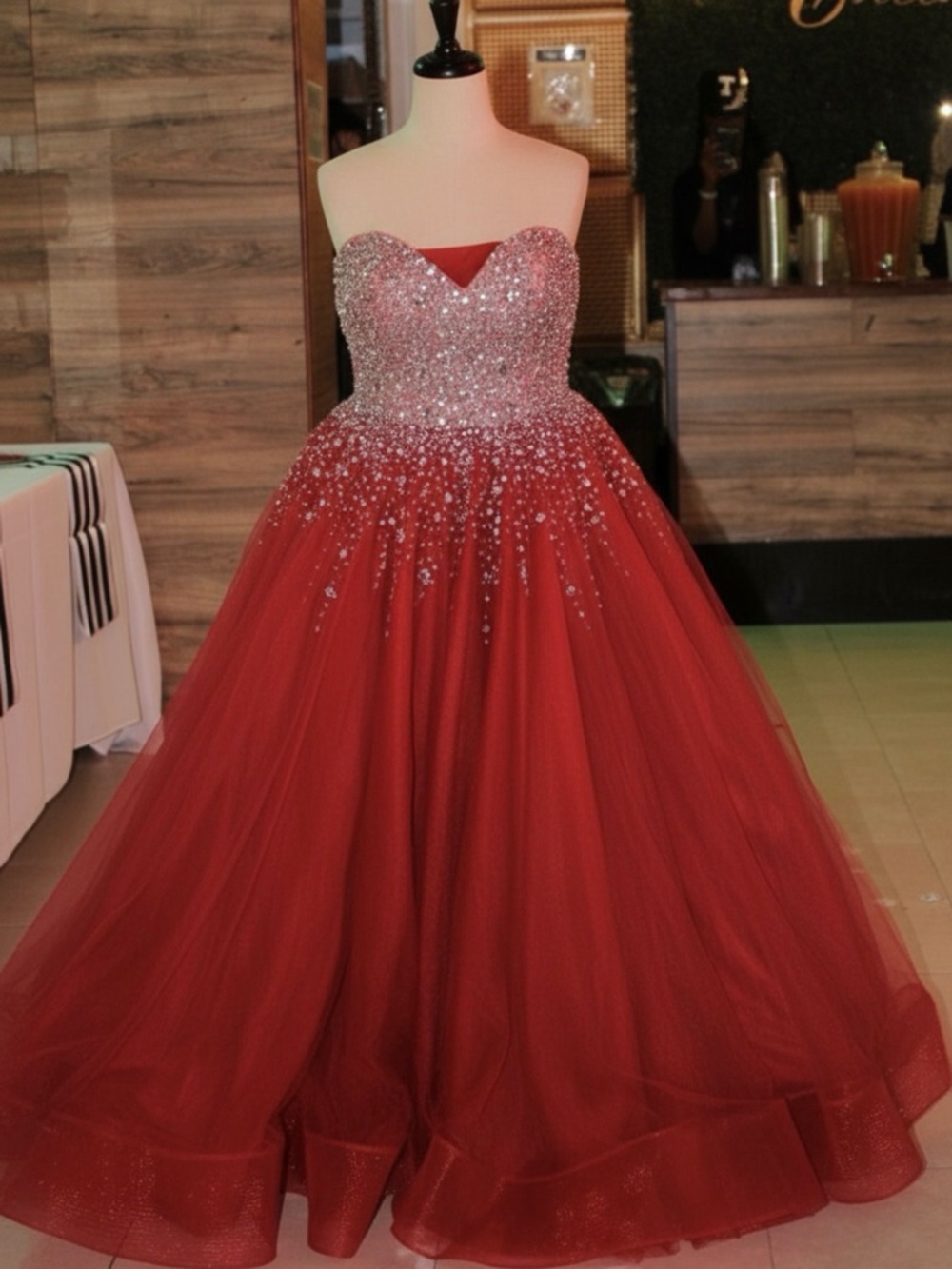 Glamour Red Strapless Ball Gown with Crystal-Embellished Bodice